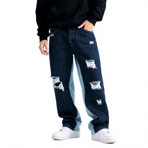 Jean en denim déchiré coupe droite pour homme, taille mi-haute, en coton délavé, style décontracté ample, collection automne - Product Image 1