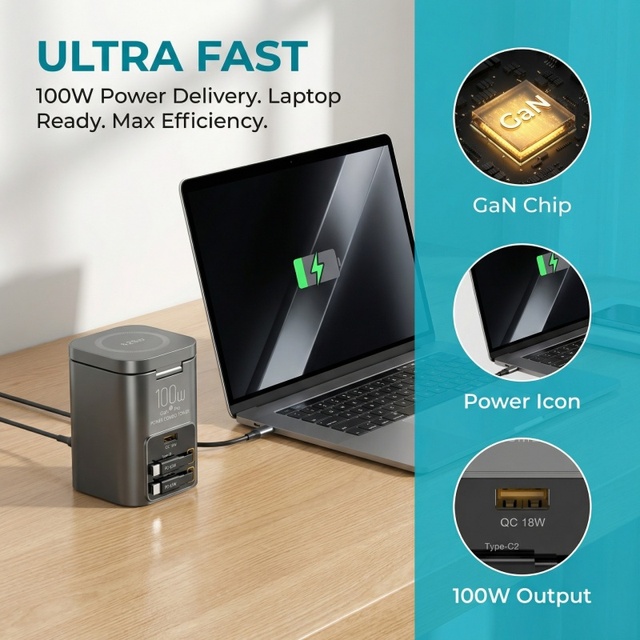 100W Dual Retractable Type-C Multi-port Desktop Charger5-in-1 Magnetic Wireless Fast Charging 65W Data Cable LED Light