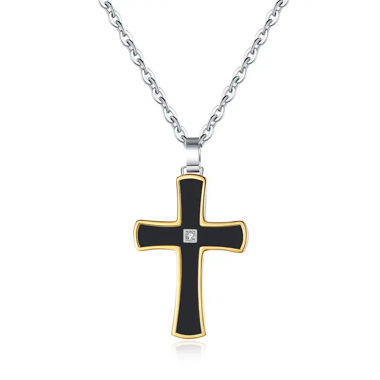 Simple 18K Gold Jesus Cross CZ Necklace 3 Tone Stainless Steel Pendant Jewelry For Men