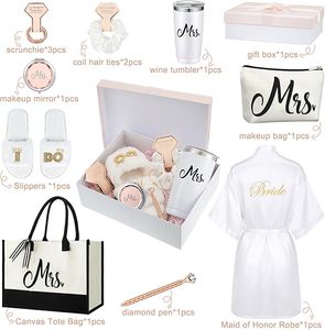 Venta al por mayor Mis Bride Party Favor Gift Robes Makeup Bag Cup Card Hair Tie Bracelet Diamond Pen Bachelorette Wedding Day Gifts Set - Product Image 2