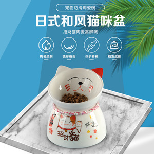 Bol de nourriture pour animaux de compagnie Lucky Cat, en céramique antidérapante sur pieds hauts pour chats - Product Image 1