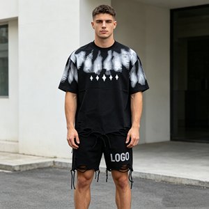 Ensembles de t-shirts grande taille pour hommes, ensembles deux pièces à manches courtes 480 g/m² pour hommes, 100 % coton éponge, ensembles décontractés d'été pour hommes - Product Image 1