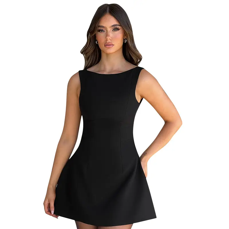 Z191327 2024 Neue Damen Sommerkleidung solide Freizeitkleid Dame elegant rückenfrei Aufhängung schlank kurzes Kleid Abschlussball Partykleider