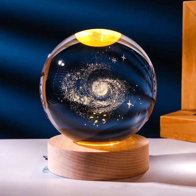 Warm light 3D Galaxy Engraved Laser Crystal Ball 6cm with LED Lighting wood Base Souvenir Gifts