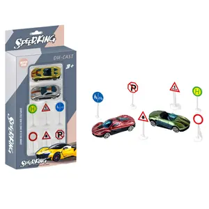 PANDAS 프리휠 자동차 세트 시뮬레이션 다이캐스트 장난감 차량 플레이스 슬라이드 레이싱 카 장난감 도로 표지판 도로 블록 어린이를위한 놀이 세트