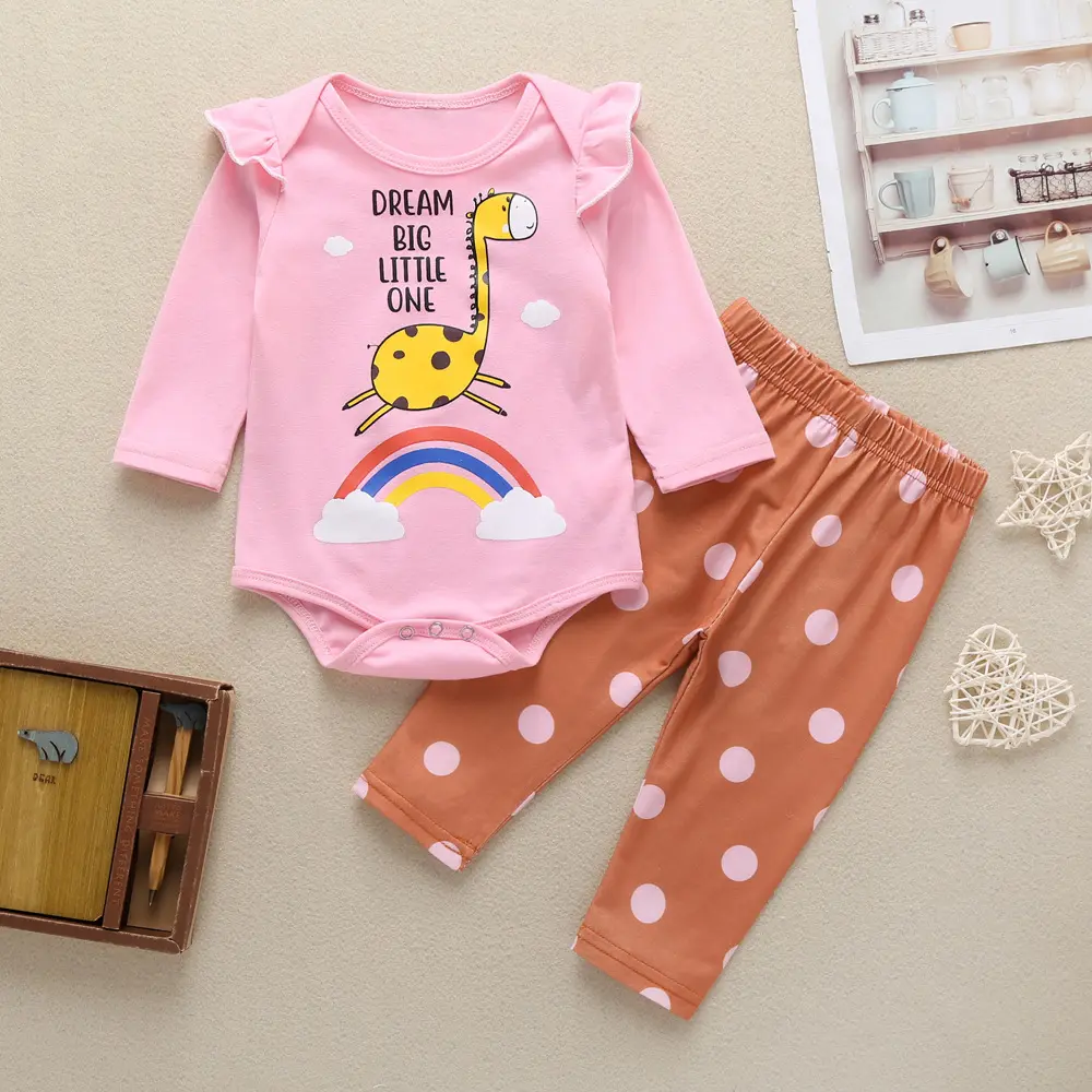 2021 New Newborn 2 Pcs Infant Baby Girl Clothing Sets Long Sleeve Romper Giraffe+rainbow Print Top+ Dots Plant Outfit Clothes