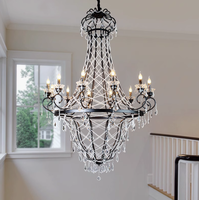 Lustre en fer noir de luxe léger avec couronne de fleurs en cristal, style européen, luminaires décoratifs pour salon, garantie 3 ans