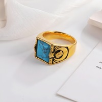 Bague pour homme plaquée or, motif carré vintage turquoise, lune et étoile islamiques et oiseau Hudhud, hypoallergénique, vente en gros, bague statement