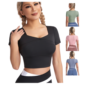 Maglietta attillata da palestra a compressione <span class=keywords><strong>Fitness</strong></span> a maniche corte da Yoga atletica da <span class=keywords><strong>donna</strong></span> - Product Image 1