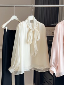 Camicetta Elegante Stile Coreano con Motivo Cielo Stellato, Top Primaverile da <span class=keywords><strong>Donna</strong></span> con Colletto Alto, Fiocco e Nastro, Vestibilità Ampia e Snellente a Maniche Lunghe - Product Image 2