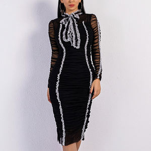 Nuovo Design Lussuoso Abito Monoblocco <span class=keywords><strong>Nero</strong></span> a <span class=keywords><strong>Maniche</strong></span> <span class=keywords><strong>Lunghe</strong></span> da Donna con Pieghe Stratificate e Fiocco - Product Image 3