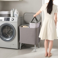 Cesto de Roupa Suja Dobrável de Grande Capacidade com Tampa Removível e Forro de Tecido Ecológico, 2 Compartimentos para Armazenamento de Roupas Sujas