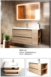 ארונות אמבטיה מודרני צף חדר אמבטיה יהירות עץ מלמין זכוכית משטח מודרני שידת יהירות קטנה