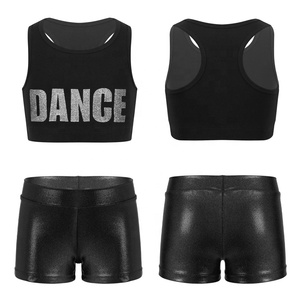 Ensemble de gymnastique pour filles en Spandex brillant métallisé, avec haut court dos nageur imprimé DANCE et short moulant, pour l'entraînement et la danse, vêtements de sport pour enfants - Product Image 2