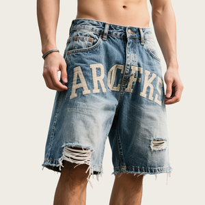 Rửa sạch các bản vá lỗi Quần short denim cho nam giới nguyên HEM cắt cạnh thêu Jean Quần Short đau khổ thời trang dạo phố Quần short jean cho nam giới - Product Image 2