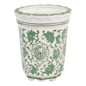 Portacandele in Ceramica con Bordo Ondulato, Motivo Floreale Verde, Decorativo per Interni ed Esterni - Product Image 1