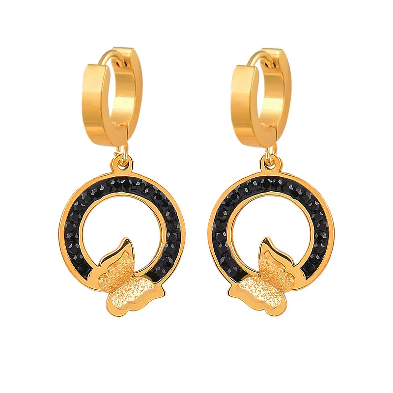 New Fashion Jewelry Großhändler Edelstahl Schwarz Kristall Gold Schmetterling Runde Anhänger Ohrringe Für Frauen