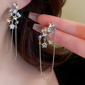 실버 바늘 한국어 멋진 스타일 다이아몬드 세트 5 포인트 스타 술 귀걸이 새로운 긴 통합 귀걸이 도매 여성