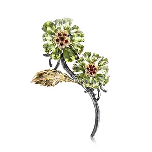 Handmade Flower Design Peridot 925 Sterling Silver Brooch Women