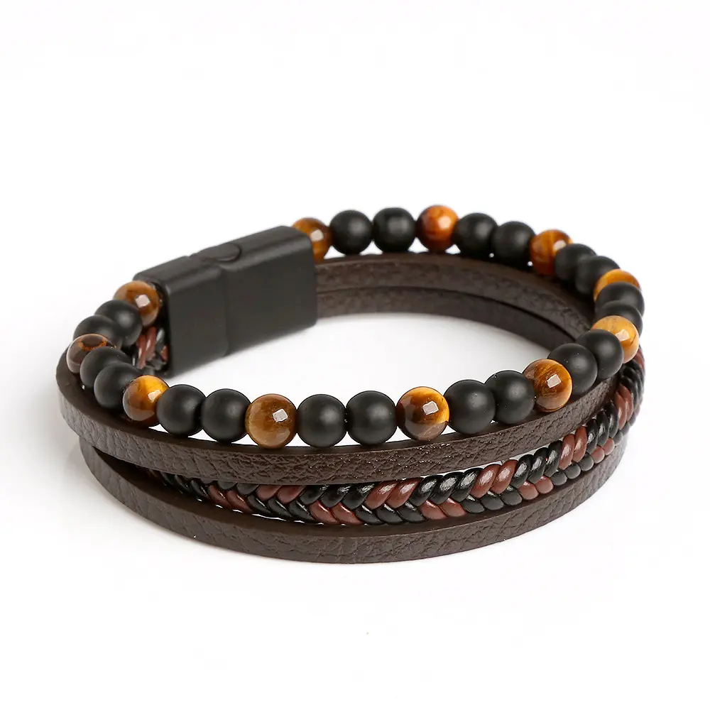 Simple Personality Multi Layer Leather Woven Natural Stone Alloy Men's Bracelet Beaded Bracelet Jewelry For Men Gift Wholesale