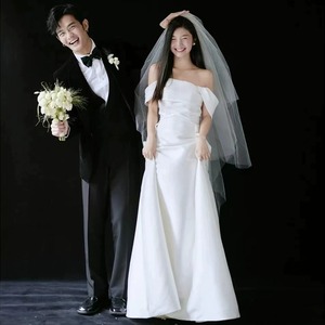 Off-The-Shoulder Satin Wedding Dress Natural Waist Sheath Silhouette White Bridal Gown Simple Zipper Back Reception Dress - Product Image 1