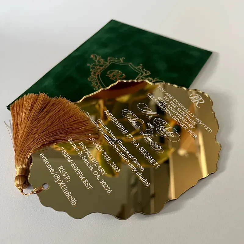 Aangepaste Luxe Bedrukte Persoonlijke Bruiloft Verjaardagsmenu Uitnodigingen Gouden Spiegel Acryl Bruiloft Uitnodigingskaart Met Envelop