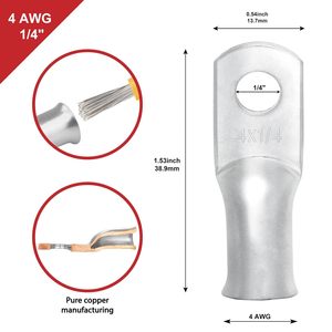 Terminal de crimpado de cobre puro de 4 AWG con orificio de 1/4 de pulgada y tubo termorretráctil para conexiones eléctricas - Product Image 1