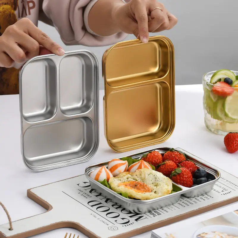 304 Stainless Steel Food Container Divided Dinner Plate Gold 3 Compartment Meal Snack Tray