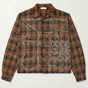Chemise Homme Vintage à Manches Longues en Flanelle à Carreaux en Coton, Effet Délavé à l'Acide, avec Strass, Coupe Courte et Ample, pour Streetwear – Fournisseur Chaud - Product Image 1