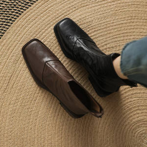 High-quality Genuine <b>Sheepskin</b> Leather <b>Waterproof</b> Anti-Slip Durable Fashionable Versatile Solid Color Wedge Mid-Heel Ankle <b>Boots</b> - Product Image 6