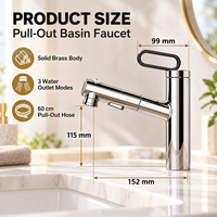 Robinet de lavabo moderne monotrou en laiton avec valve en céramique, finition chromée, mitigeur à levier unique avec douchette extractible pour salles de bain contemporaines