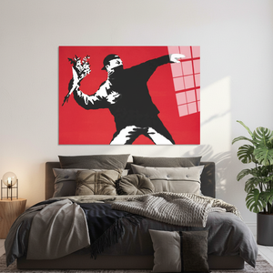 Elegant Banksy <b>Flower</b> Thrower Printed Canvas - Graffiti Street Art Decor,TEMPERED GLASS ART - Product Image 3