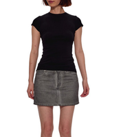 T-shirt côtelé en coton et élasthanne pour femme, coupe ajustée, col rond, manches courtes, haut moulant, décontracté, basique