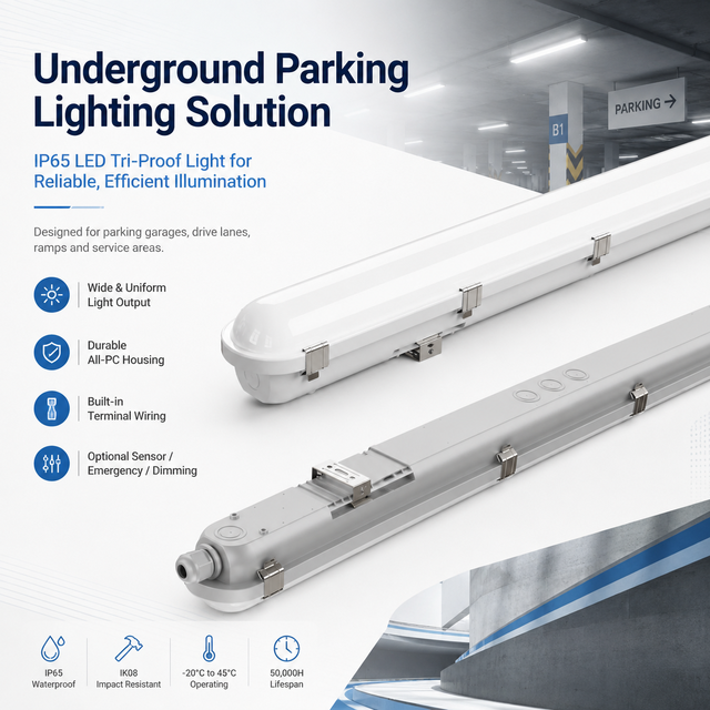 IP65 LED Tri-Proof Light for Underground Parking Garage Waterproof Batten Fixture 20W-60W