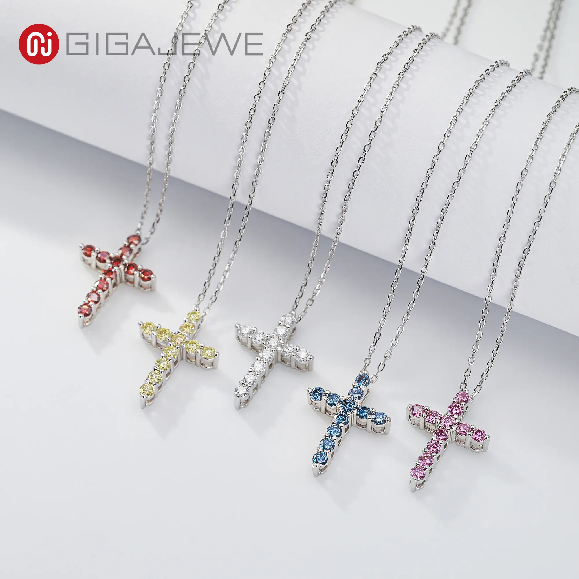 GIGAJEWE Cross Pendant 0.1ct*11 3mm white pink blue red yellow color 18K gold white Plated 925 Silver Moissanite Necklace