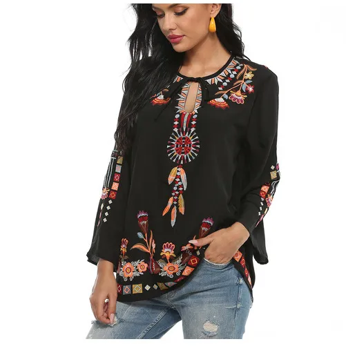 Loose long sleeve shirt cotton round neck embroidered shirt Bohemian women's top