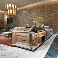 Modernes Design Lounge 7-Sitzer Große Eckgarnitur Samt-Echtleder-Sofa Edelstahlrahmen LED-Beleuchtung Villa Wohnzimmer