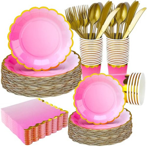 <b>Disposable</b> Party Supplies Kit Multi Color Paper <b>Plates</b> Cups Napkins Cutlery Set For Party - Product Image 5