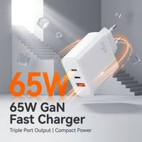 Cargador de Viaje Multi-PD QC de 3 Puertos y 65W, 2 Puertos PD Tipo-C, 1 Puerto USB-A, Compacto, Blanco, Enchufe Estándar Europeo, Cargador Portátil para Portátil, Venta al Por Mayor