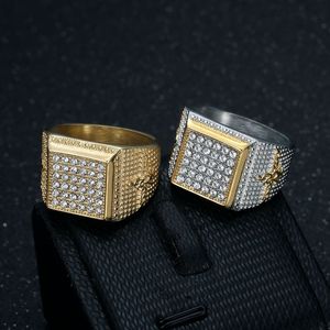 yunnique Hip Hop <b>Ring</b> <b>Titanium</b> Steel Gold Plated Micro Pave Diamonds Men's Jewelry Gift Geometric Cross Design - Product Image 1