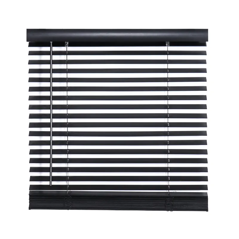 Customized Cordless Wooden Shades 50mm Black Real Wood Venetian Blinds For Bathroom