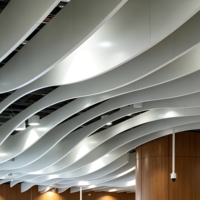 Plafond en grille d'aluminium ondulé 3D, finition grain de bois, ignifuge, imperméable, sur mesure pour bâtiments commerciaux modernes