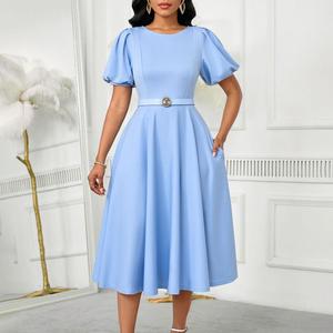 Vestido de Verano para Mujer, Elegante, con Mangas Abullonadas, Cintura Alta, Cuello Redondo, Falda Larga - Product Image 1