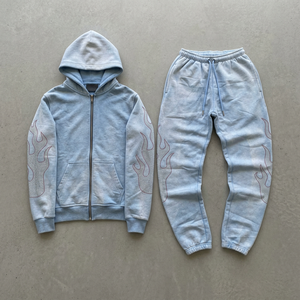 Ensemble de survêtement unisexe bleu clair à capuche, sweat-shirt à fermeture éclair à manches longues et pantalon de jogging avec broderie flamme, tenue décontractée - Product Image 1