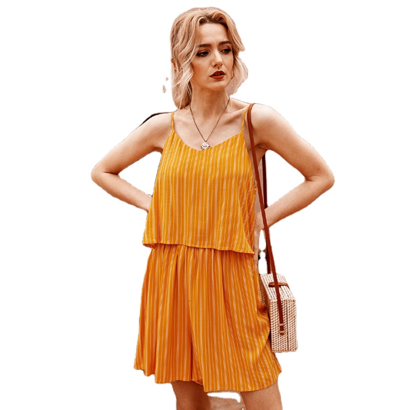 Designer model hot sale item Summer sweet style stripe adjustable spaghetti strap  short Jumpsuits