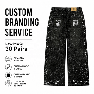 Vaqueros de mezclilla personalizados para hombre, estilo vintage, con parches de diamantes de imitación, Y2K, lavado efecto nieve, con diamantes y perlas, pantalones streetwear de corte holgado - Product Image 4