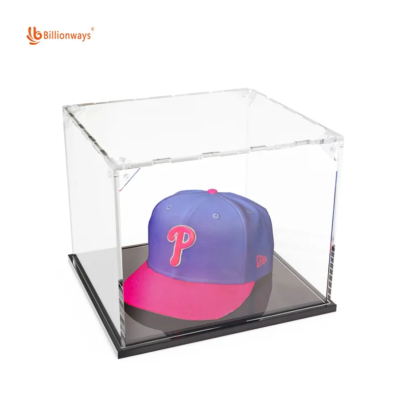 Estuche de exhibición de sombrero de acrílico de alta transparencia Gorra de béisbol de acrílico transparente Caja de exhibición de sombrero con base negra
