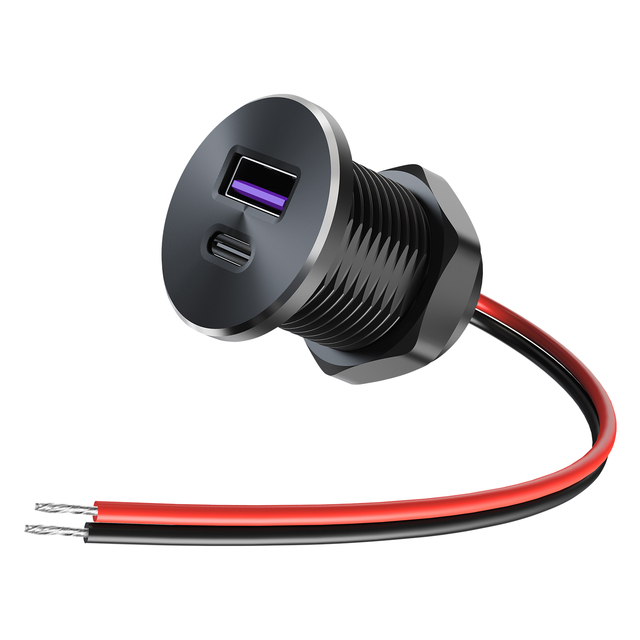 WLETO Aluminum Alloy USB-C + USB-A Panel Mount Fast Charger 2 Ports 12-24V Thread Nut LED Light Camper Van Trailer RV 2-Year