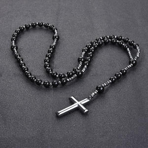 Collana con <span class=keywords><strong>rosario</strong></span> lungo all'ingrosso occhio di tigre nero con perline con croce collana pendente per gli uomini - Product Image 3
