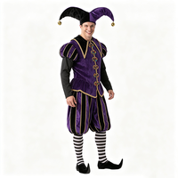 Costume de bouffon médiéval de luxe pour homme en velours violet pour Halloween, carnaval, déguisement avec chapeau à cloche